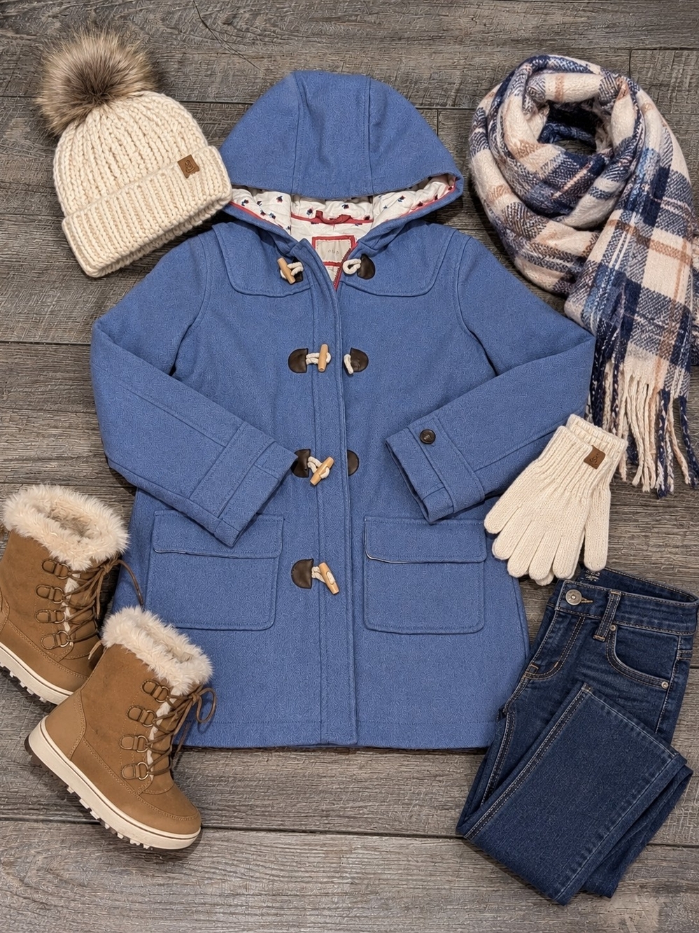 Boden Girls Blue Hooded Quilted Pea Coat with Toggle Closures